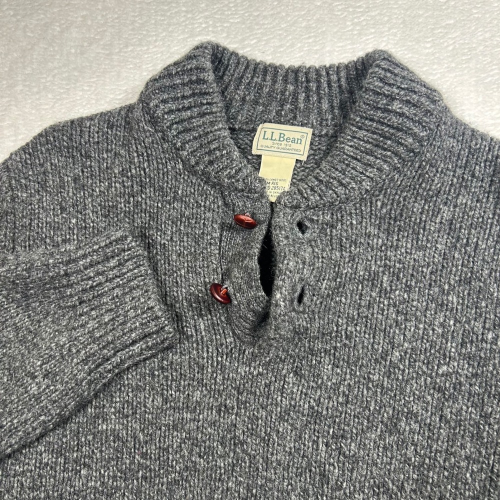 LL Bean Lambswool Henley Sweater Button Mock Neck Mens Medium Gray 285174 Knit